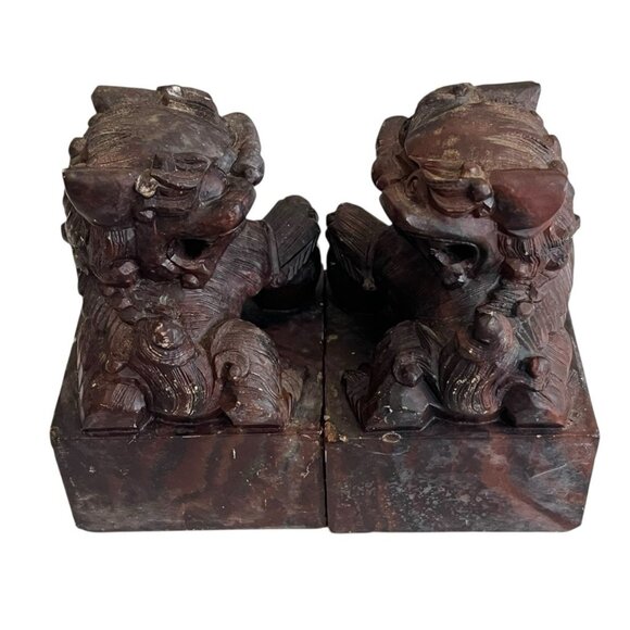 Set Of 2 Vintage Chinese Solid Marble Foo Dogs Imperial Guardian Lions Male Yang - Picture 6 of 8